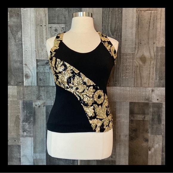 Gorgeous vintage sleeveless top large black gold sequins dark feminine witchy - Picture 1 of 11